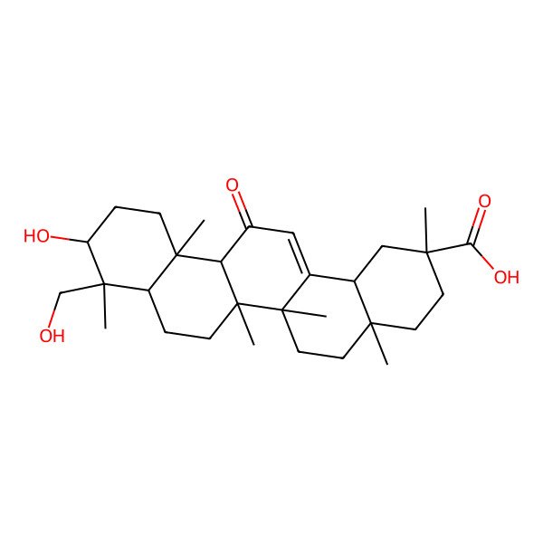 2D Structure of (2S,4aS,6aR,6aS,6bR,8aR,9S,10S,12aS,14bR)-10-hydroxy-9-(hydroxymethyl)-2,4a,6a,6b,9,12a-hexamethyl-13-oxo-3,4,5,6,6a,7,8,8a,10,11,12,14b-dodecahydro-1H-picene-2-carboxylic acid