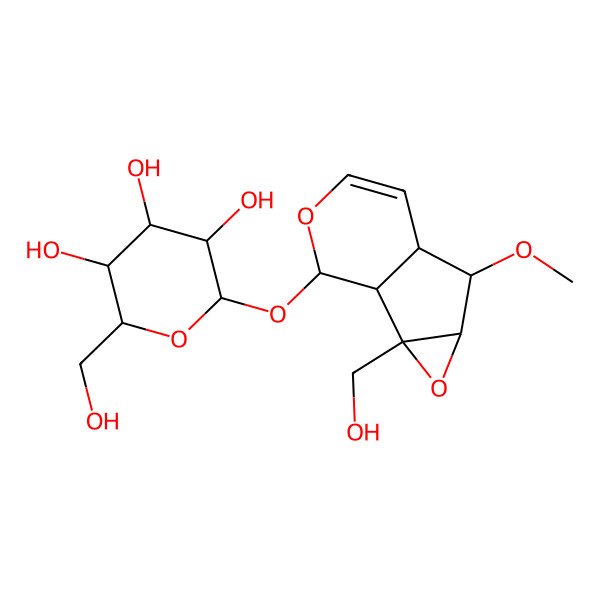 2D Structure of (2R,3S,4S,5R,6S)-2-(hydroxymethyl)-6-[[(1S,2S,4S,5S,6R)-2-(hydroxymethyl)-5-methoxy-3,9-dioxatricyclo[4.4.0.02,4]dec-7-en-10-yl]oxy]oxane-3,4,5-triol