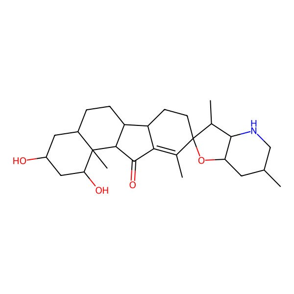 2D Structure of (1R,3S,3'R,3'aS,4aR,6'S,6aS,6bS,7'aR,9R,11aS,11bS)-1,3-dihydroxy-3',6',10,11b-tetramethylspiro[1,2,3,4,4a,5,6,6a,6b,7,8,11a-dodecahydrobenzo[a]fluorene-9,2'-3a,4,5,6,7,7a-hexahydro-3H-furo[3,2-b]pyridine]-11-one