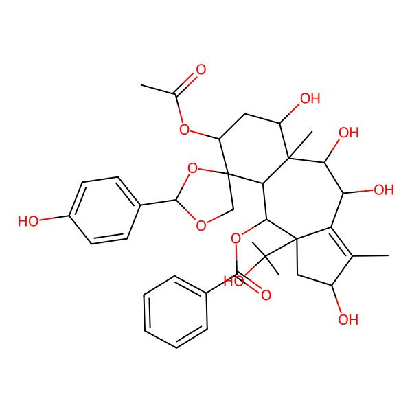 2D Structure of (1S)-4alpha,20-[[(S)-p-Hydroxybenzylidene]bisoxy]-11,15-seco-1,11-cyclotaxa-11-ene-2alpha,5alpha,7beta,9alpha,10beta,13alpha,15-heptol 2-benzoate 5-acetate