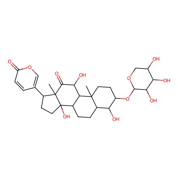 2D Structure of 5-[(3S,4R,5R,8R,9S,10S,11S,13R,14S,17R)-4,11,14-trihydroxy-10,13-dimethyl-12-oxo-3-[(2S,3R,4S,5R)-3,4,5-trihydroxyoxan-2-yl]oxy-2,3,4,5,6,7,8,9,11,15,16,17-dodecahydro-1H-cyclopenta[a]phenanthren-17-yl]pyran-2-one