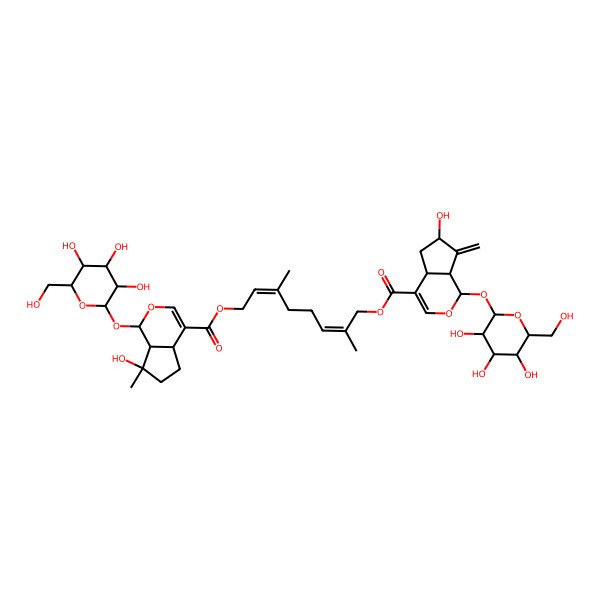 2D Structure of (2E,6E)-3,7-Dimethyl-2,6-octadiene-1,8-diol 1-[[(1S)-1alpha-(beta-D-glucopyranosyloxy)-1,4aalpha,5,6,7,7aalpha-hexahydro-7alpha-hydroxy-7beta-methylcyclopenta[c]pyran]-4-carboxylate]8-[[(1S)-1alpha-(beta-D-glucopyranosyloxy)-1,4aalpha,5,6,7,7aalpha-hexahydro-6alpha-hydroxy-7-methylenecyclopenta[c]pyran]-4-carboxylate]