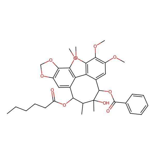 2D Structure of [(8S,9S,10S,11R)-11-hexanoyloxy-9-hydroxy-3,4,5,19-tetramethoxy-9,10-dimethyl-15,17-dioxatetracyclo[10.7.0.02,7.014,18]nonadeca-1(19),2,4,6,12,14(18)-hexaen-8-yl] benzoate