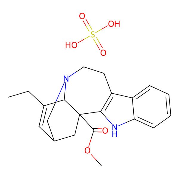 2D Structure of methyl (1R,18R)-17-ethyl-3,13-diazapentacyclo[13.3.1.02,10.04,9.013,18]nonadeca-2(10),4,6,8,16-pentaene-1-carboxylate;sulfuric acid