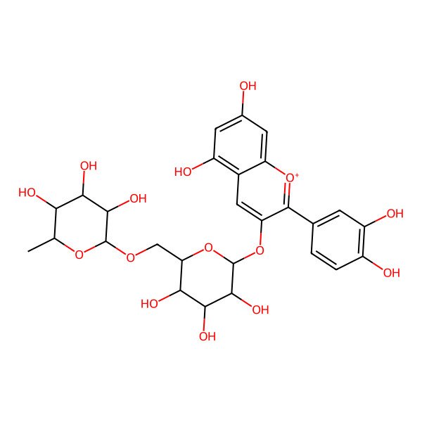 2D Structure of (2R,4S,5R)-2-[[(3S,6S)-6-[2-(3,4-dihydroxyphenyl)-5,7-dihydroxychromenylium-3-yl]oxy-3,4,5-trihydroxyoxan-2-yl]methoxy]-6-methyloxane-3,4,5-triol