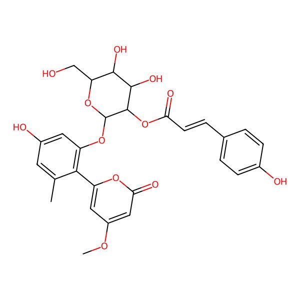 2D Structure of [(2S,3R,4S,5S,6R)-4,5-dihydroxy-2-[5-hydroxy-2-(4-methoxy-6-oxopyran-2-yl)-3-methylphenoxy]-6-(hydroxymethyl)oxan-3-yl] (E)-3-(4-hydroxyphenyl)prop-2-enoate