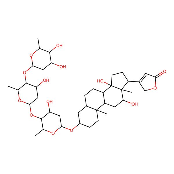 2D Structure of 3-[(3S,5R,8R,10S,12R,13S,14S)-3-[(2R,4S,5S,6R)-5-[(2S,4S,5S,6R)-5-[(2S,4S,5S,6R)-4,5-dihydroxy-6-methyloxan-2-yl]oxy-4-hydroxy-6-methyloxan-2-yl]oxy-4-hydroxy-6-methyloxan-2-yl]oxy-12,14-dihydroxy-10,13-dimethyl-1,2,3,4,5,6,7,8,9,11,12,15,16,17-tetradecahydrocyclopenta[a]phenanthren-17-yl]-2H-furan-5-one