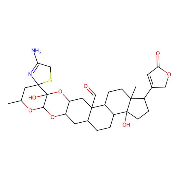 2D Structure of (1S,3R,5S,7R,9S,10R,12R,14R,15S,18R,19R,22S,23R)-4'-amino-10,22-dihydroxy-7,18-dimethyl-19-(5-oxo-2H-furan-3-yl)spiro[4,6,11-trioxahexacyclo[12.11.0.03,12.05,10.015,23.018,22]pentacosane-9,2'-5H-1,3-thiazole]-14-carbaldehyde