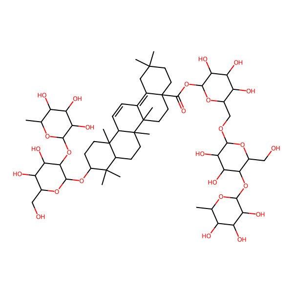 2D Structure of [(2S,3R,4S,5S,6R)-6-[[(2R,3R,4R,5S,6R)-3,4-dihydroxy-6-(hydroxymethyl)-5-[(2S,3R,4R,5R,6S)-3,4,5-trihydroxy-6-methyloxan-2-yl]oxyoxan-2-yl]oxymethyl]-3,4,5-trihydroxyoxan-2-yl] (4aS,6aR,6aS,6bR,8aR,10S,12aS)-10-[(2R,3R,4S,5S,6R)-4,5-dihydroxy-6-(hydroxymethyl)-3-[(2S,3R,4R,5R,6S)-3,4,5-trihydroxy-6-methyloxan-2-yl]oxyoxan-2-yl]oxy-2,2,6a,6b,9,9,12a-heptamethyl-1,3,4,5,6,6a,7,8,8a,10,11,12-dodecahydropicene-4a-carboxylate