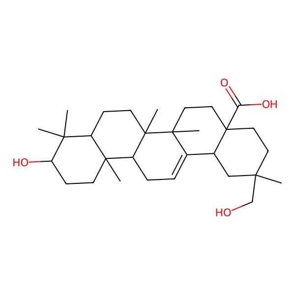 2D Structure of (2S,4aR,6aS,6bR,10S,12aR,14bS)-10-hydroxy-2-(hydroxymethyl)-2,6a,6b,9,9,12a-hexamethyl-1,3,4,5,6,6a,7,8,8a,10,11,12,13,14b-tetradecahydropicene-4a-carboxylic acid 2D Structure of (2S,4aR,6aS,6bR,10S,12aR,14bS)-10-hydroxy-2-(hydroxymethyl)-2,6a,6b,9,9,12a-hexamethyl-1,3,4,5,6,6a,7,8,8a,10,11,12,13,14b-tetradecahydropicene-4a-carboxylic acid