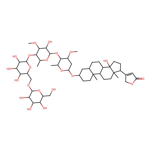 2D Structure of 3-[(3S,5R,8R,9S,10S,13R,14S,17R)-14-hydroxy-3-[(2R,4R,5R,6R)-5-[(2S,3R,4R,5R,6R)-3-hydroxy-4-methoxy-6-methyl-5-[(2S,3R,4S,5S,6R)-3,4,5-trihydroxy-6-[[(2R,3R,4S,5S,6R)-3,4,5-trihydroxy-6-(hydroxymethyl)oxan-2-yl]oxymethyl]oxan-2-yl]oxyoxan-2-yl]oxy-4-methoxy-6-methyloxan-2-yl]oxy-10,13-dimethyl-1,2,3,4,5,6,7,8,9,11,12,15,16,17-tetradecahydrocyclopenta[a]phenanthren-17-yl]-2H-furan-5-one