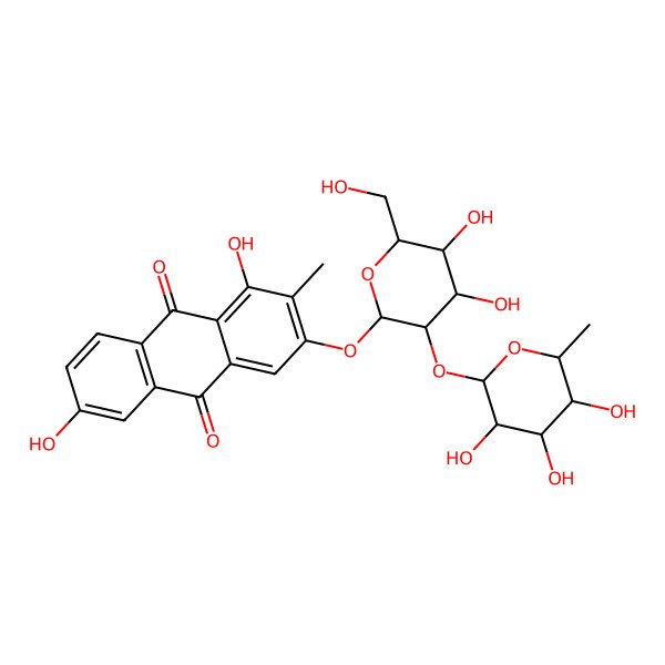 2D Structure of 1,3,6-trihydroxy-2-methyl-9,10-anthraquinone-3-O-alpha-L-rhamnopyranosyl-(1->2)-beta-D-glucopyranoside