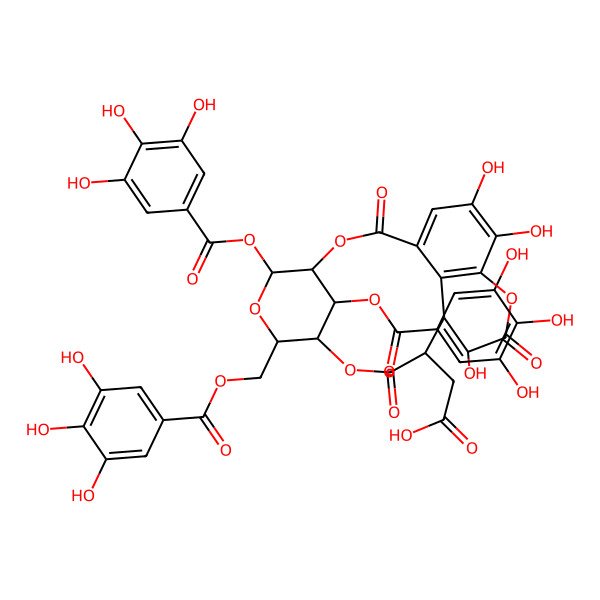 2D Structure of 2-[(4S,5S,8R,11S,12S,13S,21S)-13,17,18-trihydroxy-2,10,14-trioxo-5,21-bis[(3,4,5-trihydroxybenzoyl)oxy]-7-[(3,4,5-trihydroxybenzoyl)oxymethyl]-3,6,9,15-tetraoxatetracyclo[10.7.1.14,8.016,20]henicosa-1(19),16(20),17-trien-11-yl]acetic acid