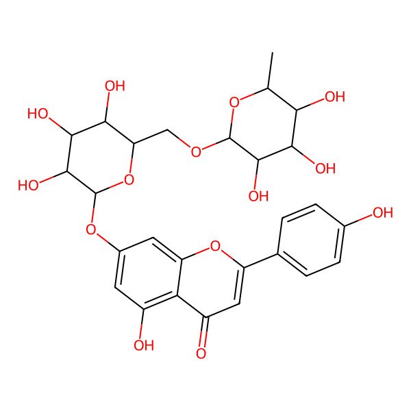 2D Structure of 5-Hydroxy-2-(4-hydroxyphenyl)-7-[3,4,5-trihydroxy-6-[(3,4,5-trihydroxy-6-methyl-tetrahydropyran-2-yl)oxymethyl]tetrahydropyran-2-yl]oxy-chromen-4-one