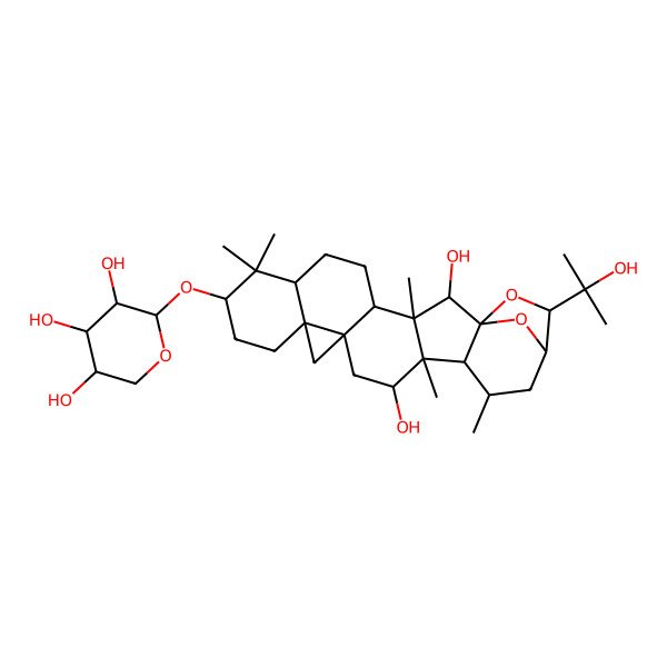 2D Structure of (2R,3R,4S,5S)-2-[[(1S,2R,3S,9S,17R,19R,22R)-2,16-dihydroxy-22-(2-hydroxypropan-2-yl)-3,8,8,17,19-pentamethyl-23,24-dioxaheptacyclo[19.2.1.01,18.03,17.04,14.07,12.012,14]tetracosan-9-yl]oxy]oxane-3,4,5-triol