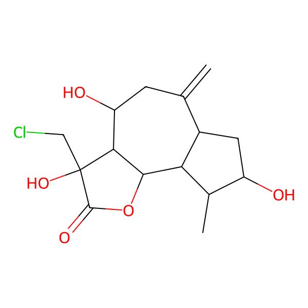 2D Structure of (3S,3aR,4S,6aR,8S,9S,9aR,9bR)-3-(chloromethyl)-3,4,8-trihydroxy-9-methyl-6-methylidene-4,5,6a,7,8,9,9a,9b-octahydro-3aH-azuleno[4,5-b]furan-2-one