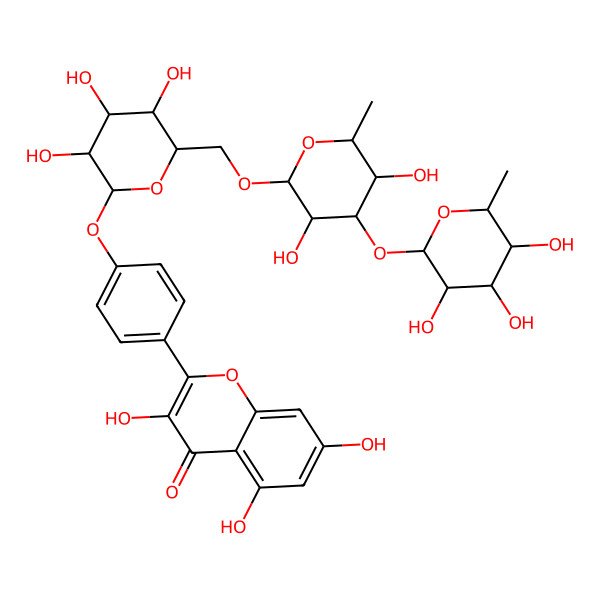 2D Structure of 2-[4-[(2S,3R,4S,5R,6R)-6-[[(2R,3R,4R,5S,6S)-3,5-dihydroxy-6-methyl-4-[(2S,3R,4R,5R,6S)-3,4,5-trihydroxy-6-methyloxan-2-yl]oxyoxan-2-yl]oxymethyl]-3,4,5-trihydroxyoxan-2-yl]oxyphenyl]-3,5,7-trihydroxychromen-4-one