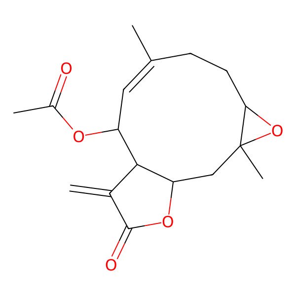 2D Structure of [(8E)-3,8-Dimethyl-12-methylidene-13-oxo-4,14-dioxatricyclo[9.3.0.03,5]tetradec-8-en-10-yl] acetate