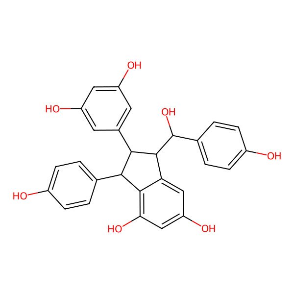 2D Structure of (1R,2S,3R)-2-(3,5-dihydroxyphenyl)-1-[(S)-hydroxy-(4-hydroxyphenyl)methyl]-3-(4-hydroxyphenyl)-2,3-dihydro-1H-indene-4,6-diol