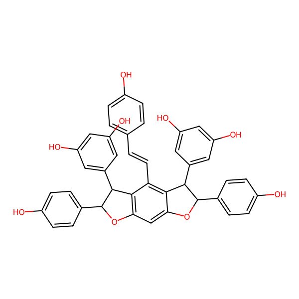 2D Structure of 5-[(2S,3S,5R,6R)-3-(3,5-dihydroxyphenyl)-2,6-bis(4-hydroxyphenyl)-4-[(Z)-2-(4-hydroxyphenyl)ethenyl]-2,3,5,6-tetrahydrofuro[3,2-f][1]benzofuran-5-yl]benzene-1,3-diol