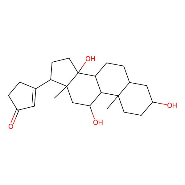 2D Structure of 3-[(3S,5R,8R,9S,10S,11R,13R,14S,17R)-3,11,14-trihydroxy-10,13-dimethyl-1,2,3,4,5,6,7,8,9,11,12,15,16,17-tetradecahydrocyclopenta[a]phenanthren-17-yl]cyclopent-2-en-1-one