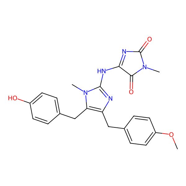 2D Structure of 5-[[5-[(4-hydroxyphenyl)methyl]-4-[(4-methoxyphenyl)methyl]-1-methylimidazol-2-yl]amino]-3-methylimidazole-2,4-dione