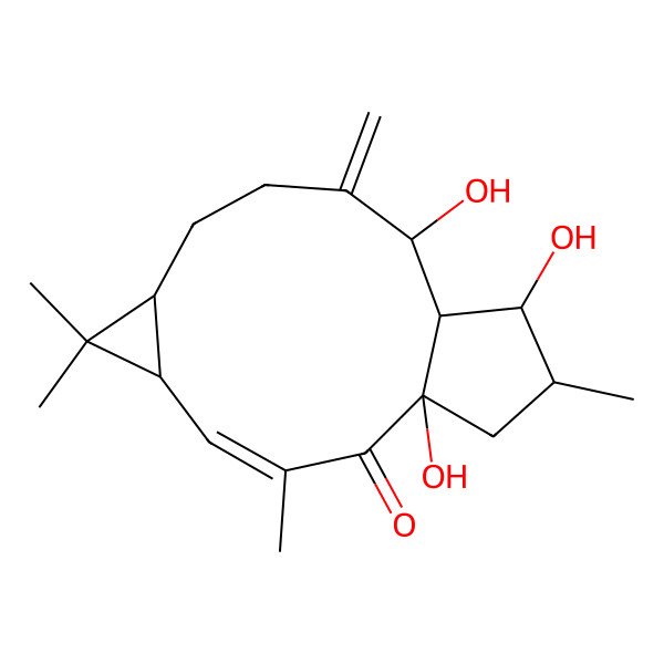 2D Structure of (1R,3Z,5R,7S,11S,12R,13S,14S)-1,11,13-trihydroxy-3,6,6,14-tetramethyl-10-methylidenetricyclo[10.3.0.05,7]pentadec-3-en-2-one