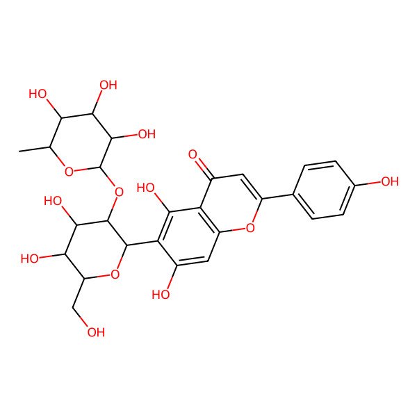 2D Structure of 6-[(2S,4S,5S)-4,5-dihydroxy-6-(hydroxymethyl)-3-[(2S,4S,5R)-3,4,5-trihydroxy-6-methyloxan-2-yl]oxyoxan-2-yl]-5,7-dihydroxy-2-(4-hydroxyphenyl)chromen-4-one