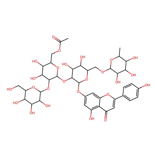 2D Structure of [(2R,3S,4S,5R,6S)-6-[(2S,3R,4S,5S,6R)-4,5-dihydroxy-2-[5-hydroxy-2-(4-hydroxyphenyl)-4-oxochromen-7-yl]oxy-6-[[(2R,3R,4R,5R,6S)-3,4,5-trihydroxy-6-methyloxan-2-yl]oxymethyl]oxan-3-yl]oxy-3,4-dihydroxy-5-[(2S,3R,4S,5S,6R)-3,4,5-trihydroxy-6-(hydroxymethyl)oxan-2-yl]oxyoxan-2-yl]methyl acetate