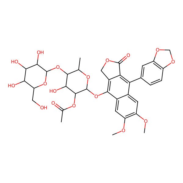 2D Structure of [(2S,3R,4S,5S,6R)-2-[[9-(1,3-benzodioxol-5-yl)-6,7-dimethoxy-1-oxo-3H-benzo[f][2]benzofuran-4-yl]oxy]-4-hydroxy-6-methyl-5-[(2S,3R,4S,5S,6R)-3,4,5-trihydroxy-6-(hydroxymethyl)oxan-2-yl]oxyoxan-3-yl] acetate
