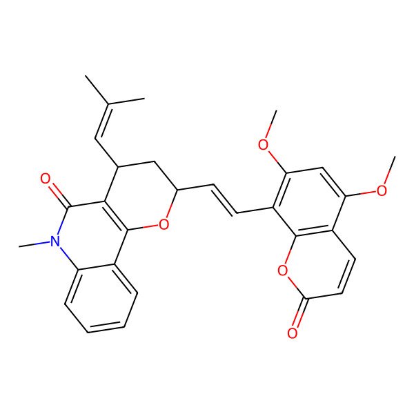 2D Structure of (2R,4S)-2-[(E)-2-(5,7-dimethoxy-2-oxochromen-8-yl)ethenyl]-6-methyl-4-(2-methylprop-1-enyl)-3,4-dihydro-2H-pyrano[3,2-c]quinolin-5-one