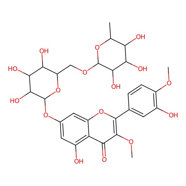 2D Structure of 5-hydroxy-2-(3-hydroxy-4-methoxy-phenyl)-3-methoxy-7-[(2S,3R,4S,5S,6R)-3,4,5-trihydroxy-6-[[(2R,3R,4R,5R,6S)-3,4,5-trihydroxy-6-methyl-tetrahydropyran-2-yl]oxymethyl]tetrahydropyran-2-yl]oxy-chromen-4-one