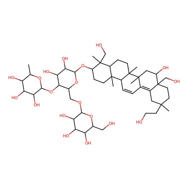 2D Structure of (2S,3R,4R,5S,6S)-2-[(2R,3S,4R,5R,6R)-6-[[(3S,4R,6aR,6bS,8R,11R,14bS)-8-hydroxy-11-(2-hydroxyethyl)-4,8a-bis(hydroxymethyl)-4,6a,6b,11,14b-pentamethyl-1,2,3,4a,5,6,7,8,9,10,12,14a-dodecahydropicen-3-yl]oxy]-4,5-dihydroxy-2-[[(2R,3R,4S,5S,6R)-3,4,5-trihydroxy-6-(hydroxymethyl)oxan-2-yl]oxymethyl]oxan-3-yl]oxy-6-methyloxane-3,4,5-triol