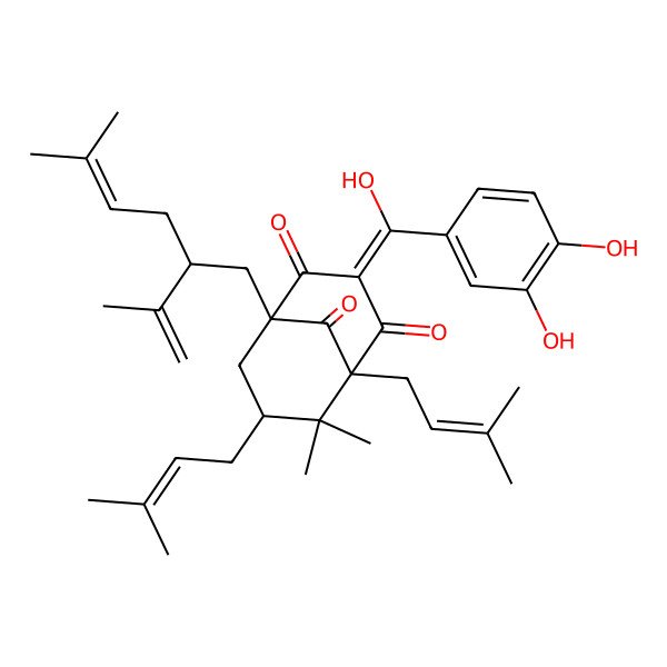 2D Structure of (1R,3E,5S,7S)-3-[(3,4-dihydroxyphenyl)-hydroxymethylidene]-6,6-dimethyl-5,7-bis(3-methylbut-2-enyl)-1-(5-methyl-2-prop-1-en-2-ylhex-4-enyl)bicyclo[3.3.1]nonane-2,4,9-trione