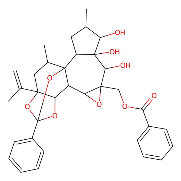 2D Structure of [(1R,2R,4S,5S,6R,7S,8R,10S,11S,16R,18R)-5,6,7-trihydroxy-4,18-dimethyl-14-phenyl-16-prop-1-en-2-yl-9,13,15,19-tetraoxahexacyclo[12.4.1.01,11.02,6.08,10.012,16]nonadecan-8-yl]methyl benzoate