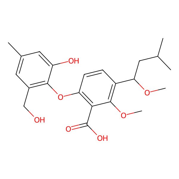 2D Structure of 6-[2-hydroxy-6-(hydroxymethyl)-4-methylphenoxy]-2-methoxy-3-[(1S)-1-methoxy-3-methylbutyl]benzoic acid