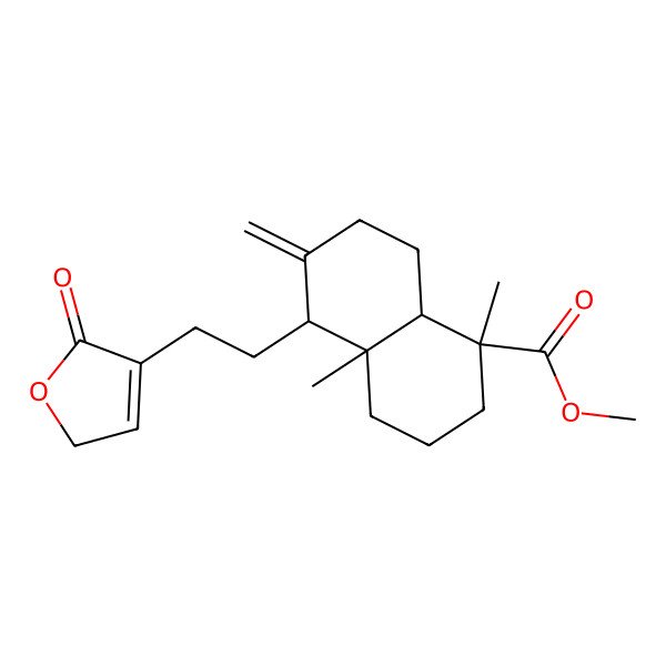 2D Structure of 1-Naphthalenecarboxylic acid, 5-[2-(2,5-dihydro-2-oxo-3-furanyl)ethyl]decahydro-1,4a-dimethyl-6-methylene-, methyl ester, [1S-(1alpha,4aalpha,5alpha,8abeta)]-; Labda-8(20),13-diene-16,19-dioic acid, 15-hydroxy-, gamma-lactone, methyl ester