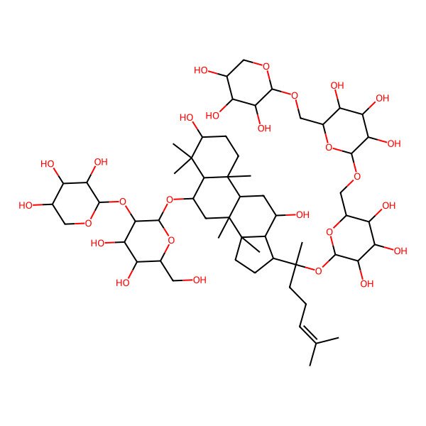 2D Structure of (2R,3R,4S,5S,6R)-2-[[(2R,3S,4S,5R,6S)-6-[(2S)-2-[(3S,5R,6S,8R,9R,10R,12R,13R,14R,17S)-6-[(2R,3R,4S,5S,6R)-4,5-dihydroxy-6-(hydroxymethyl)-3-[(2S,3R,4S,5R)-3,4,5-trihydroxyoxan-2-yl]oxyoxan-2-yl]oxy-3,12-dihydroxy-4,4,8,10,14-pentamethyl-2,3,5,6,7,9,11,12,13,15,16,17-dodecahydro-1H-cyclopenta[a]phenanthren-17-yl]-6-methylhept-5-en-2-yl]oxy-3,4,5-trihydroxyoxan-2-yl]methoxy]-6-[[(2S,3R,4S,5R)-3,4,5-trihydroxyoxan-2-yl]oxymethyl]oxane-3,4,5-triol