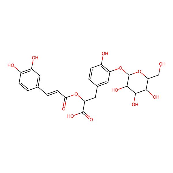 2D Structure of (2R)-2-[(E)-3-(3,4-dihydroxyphenyl)prop-2-enoyl]oxy-3-[4-hydroxy-3-[(2R,3S,4R,5R,6S)-3,4,5-trihydroxy-6-(hydroxymethyl)oxan-2-yl]oxyphenyl]propanoic acid
