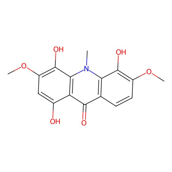 2D Structure of 9(10H)-Acridinone, 1,4,5-trihydroxy-3,6-dimethoxy-10-methyl-