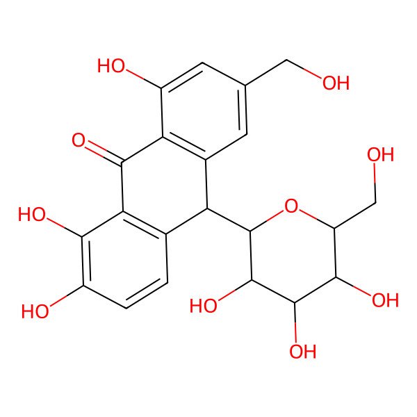 2D Structure of 9(10H)-Anthracenone, 10-beta-D-glucopyranosyl-1,2,8-trihydroxy-6-(hydroxymethyl)-, (10R)-