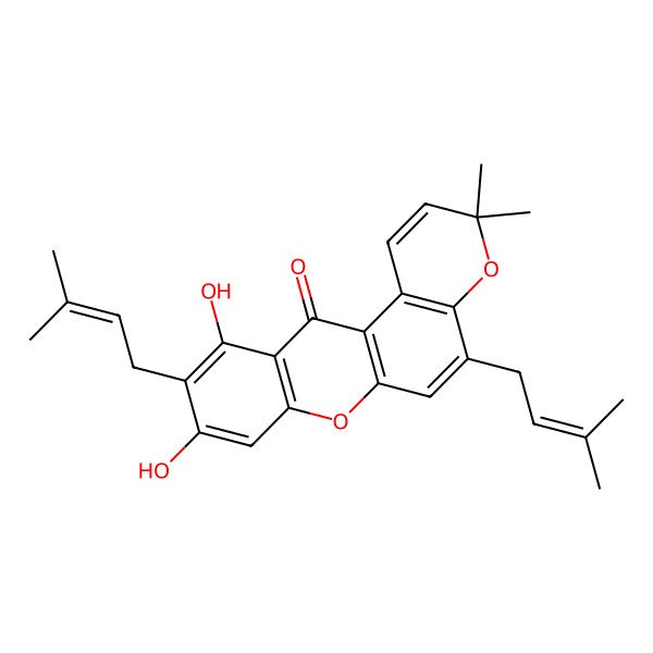 2D Structure of 9,11-Dihydroxy-3,3-dimethyl-5,10-bis(3-methylbut-2-enyl)pyrano[3,2-a]xanthen-12-one