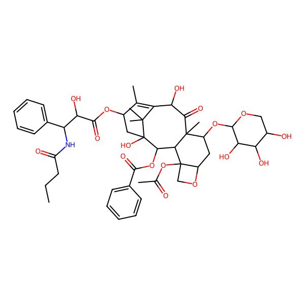 2D Structure of [(1S,2S,3R,4S,7R,9S,10S,12R,15S)-4-acetyloxy-15-[(2R,3S)-3-(butanoylamino)-2-hydroxy-3-phenylpropanoyl]oxy-1,12-dihydroxy-10,14,17,17-tetramethyl-11-oxo-9-[(2S,3R,4S,5R)-3,4,5-trihydroxyoxan-2-yl]oxy-6-oxatetracyclo[11.3.1.03,10.04,7]heptadec-13-en-2-yl] benzoate