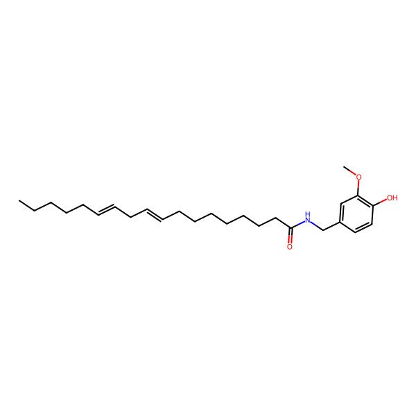 2D Structure of 9,12-Octadecadienamide, N-((4-hydroxy-3-methoxyphenyl)methyl)-, (E,E)- 2D Structure of 9,12-Octadecadienamide, N-((4-hydroxy-3-methoxyphenyl)methyl)-, (E,E)-