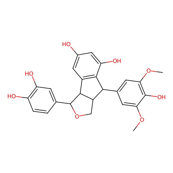 2D Structure of (3R,3aR,8S,8aR)-3-(3,4-Dihydroxyphenyl)-8-(4-hydroxy-3,5-dimethoxyphenyl)-3,3a,8,8a-tetrahydro-1H-indeno[1,2-c]furan-5,7-diol