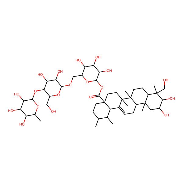 2D Structure of [(2S,3R,4S,5S,6R)-6-[[(2R,3R,4R,5S,6R)-3,4-dihydroxy-6-(hydroxymethyl)-5-[(2S,3R,4R,5R,6R)-3,4,5-trihydroxy-6-methyloxan-2-yl]oxyoxan-2-yl]oxymethyl]-3,4,5-trihydroxyoxan-2-yl] (1S,2R,4aS,6aR,6aS,6bR,8aR,9R,10R,11R,12aR,14bR)-10,11-dihydroxy-9-(hydroxymethyl)-1,2,6a,6b,9,12a-hexamethyl-2,3,4,5,6,6a,7,8,8a,10,11,12,13,14b-tetradecahydro-1H-picene-4a-carboxylate