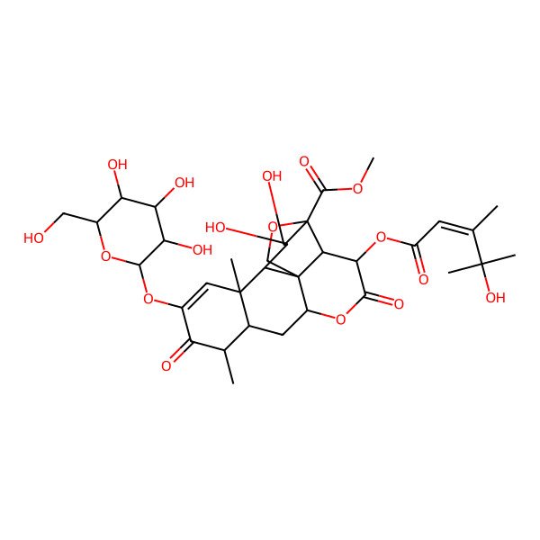 2D Structure of Picras-1-en-21-oic acid, 13,20-epoxy-2-(beta-D-glucopyranosyloxy)-11,12-dihydroxy-15-[(4-hydroxy-3,4-dimethyl-1-oxo-2-pentenyl)oxy]-3,16-dioxo-, methyl ester, [11beta,12alpha,15beta(E)]-