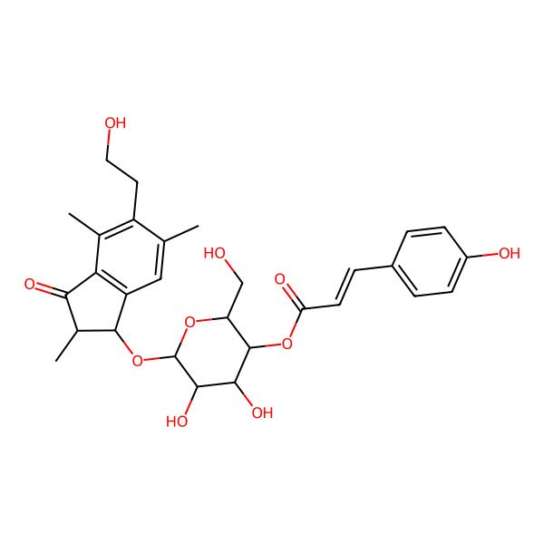 2D Structure of [(2R,3S,4R,5R,6R)-4,5-dihydroxy-6-[[(1S,2R)-5-(2-hydroxyethyl)-2,4,6-trimethyl-3-oxo-1,2-dihydroinden-1-yl]oxy]-2-(hydroxymethyl)oxan-3-yl] (E)-3-(4-hydroxyphenyl)prop-2-enoate