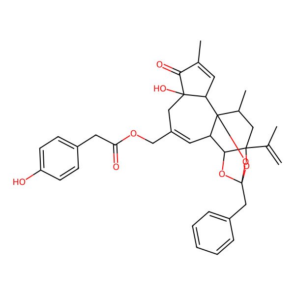 2D Structure of Daphnetoxin, 6,7-deepoxy-6,7-didehydro-5-deoxy-21-dephenyl-21-(phenylmethyl)-, 20-(4-hydroxybenzeneacetate)