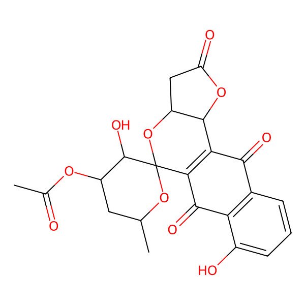 2D Structure of [(3'S,4'R,6'R,11R,15R,17R)-3',4-dihydroxy-6'-methyl-2,9,13-trioxospiro[12,16-dioxatetracyclo[8.7.0.03,8.011,15]heptadeca-1(10),3(8),4,6-tetraene-17,2'-oxane]-4'-yl] acetate